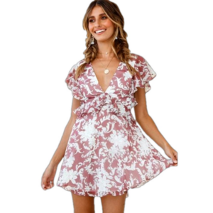 Indikah Ruffled Sleeve Floral Lined Mini Dress Deep V Back Sz L NWOT